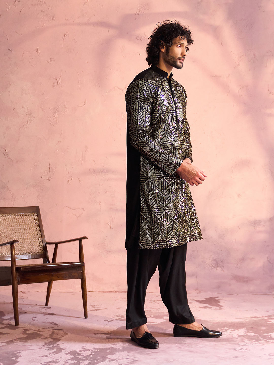 Men's Black Georgette Embellished Kurta Patiala Set