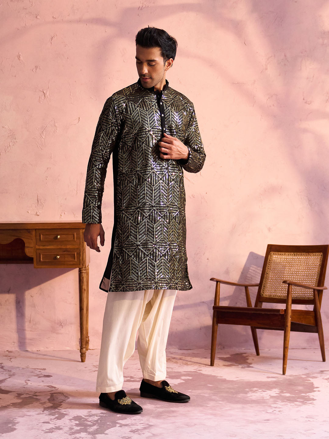 Men's Black Georgette Embellished Kurta Patiala Set