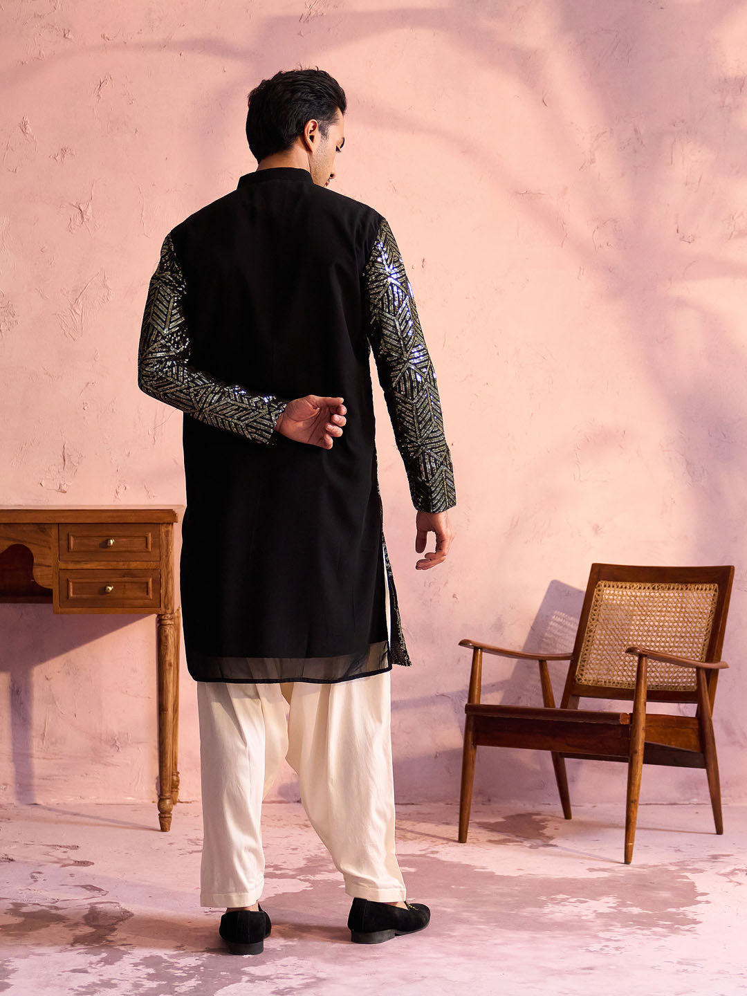Men's Black Georgette Embellished Kurta Patiala Set