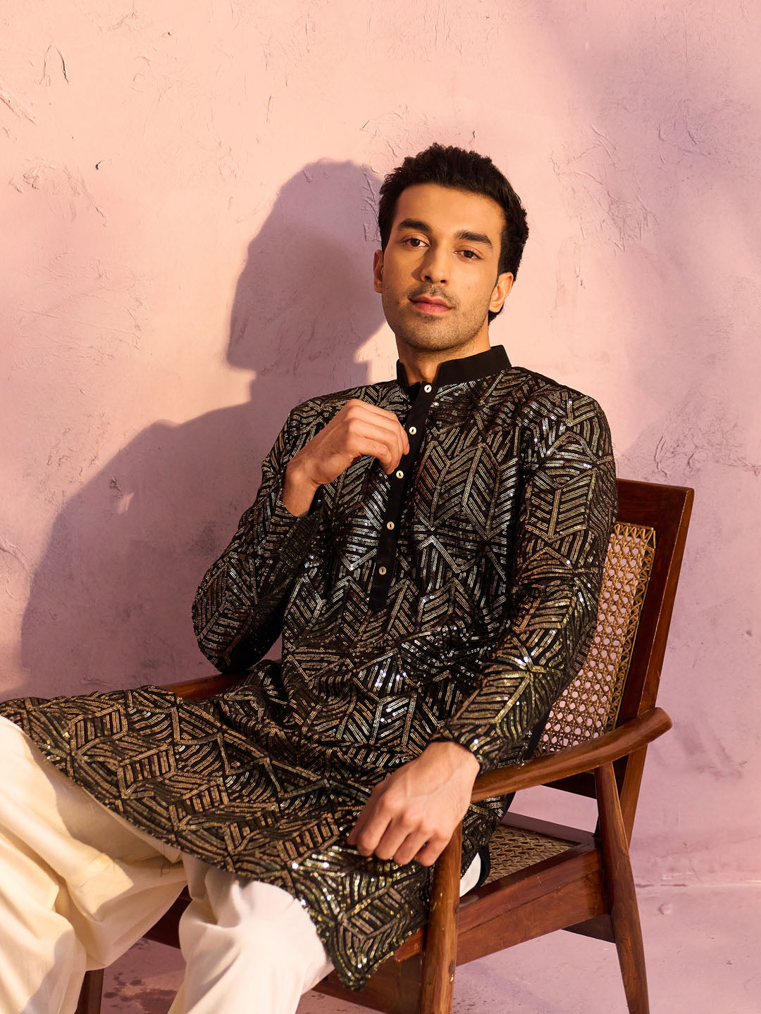 Men's Black Georgette Embellished Kurta Patiala Set