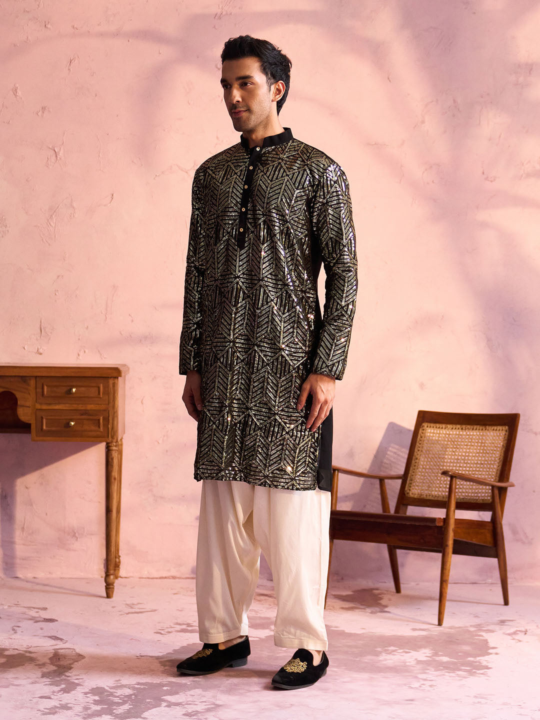 Men's Black Georgette Embellished Kurta Patiala Set