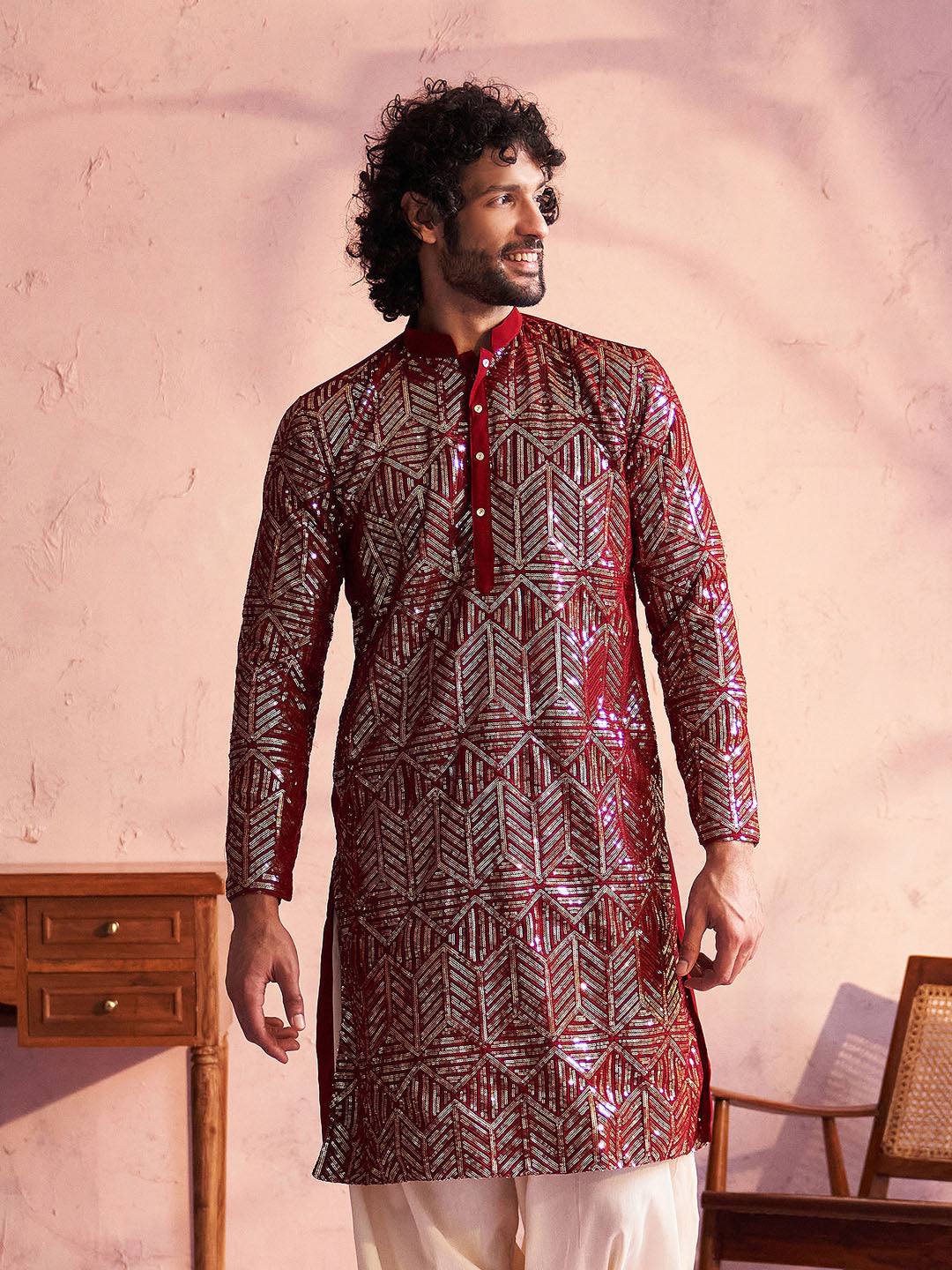 Men's Maroon Georgette Embellished Kurta