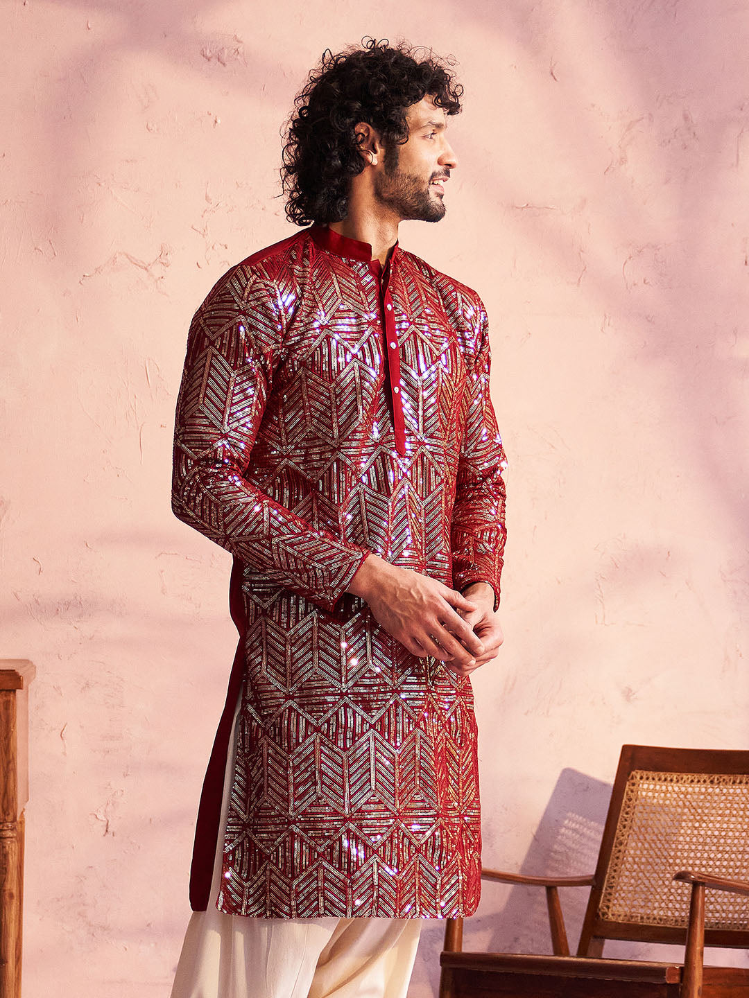 Men's Maroon Georgette Embellished Kurta