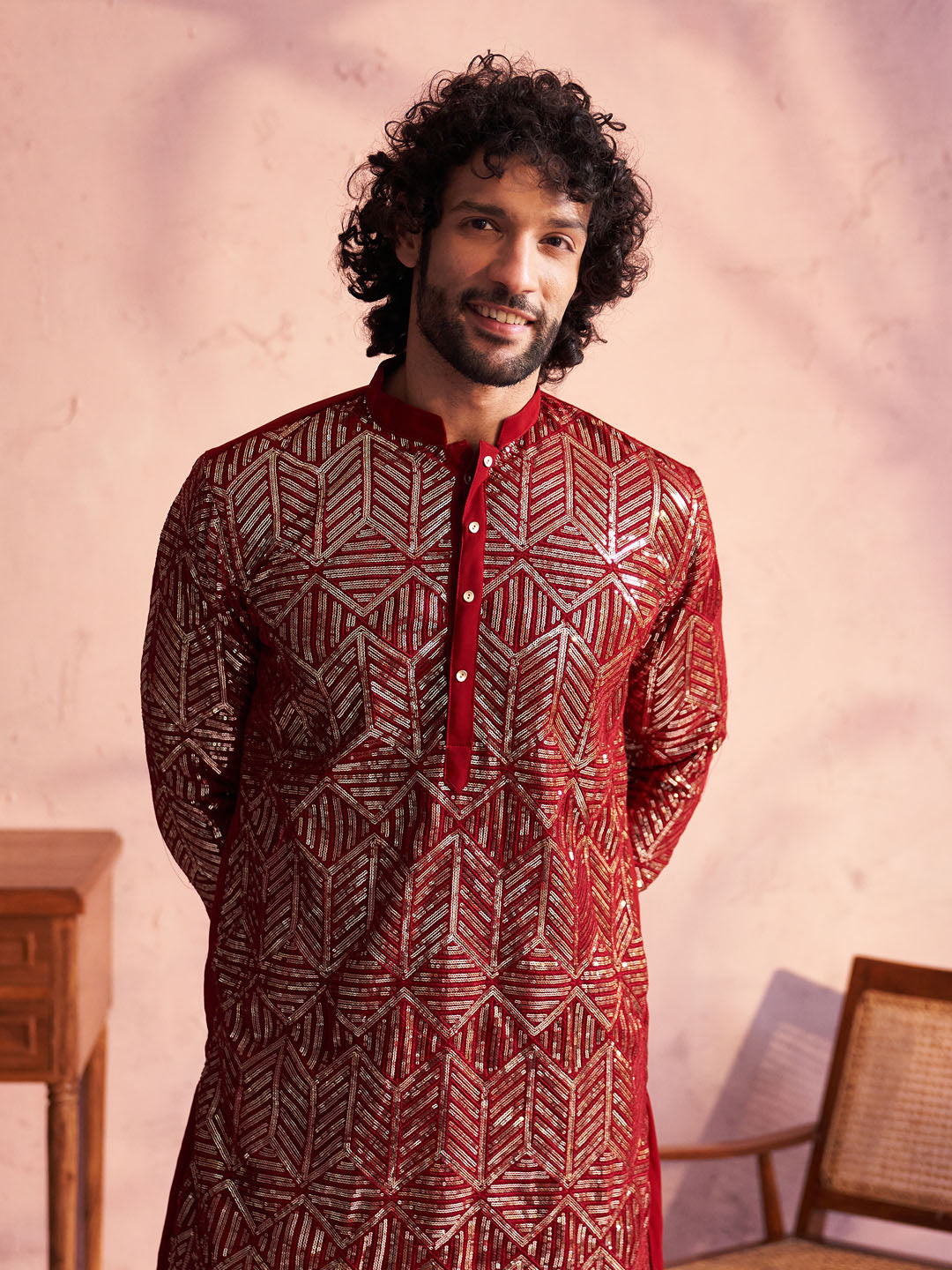 Men's Maroon Georgette Embellished Kurta