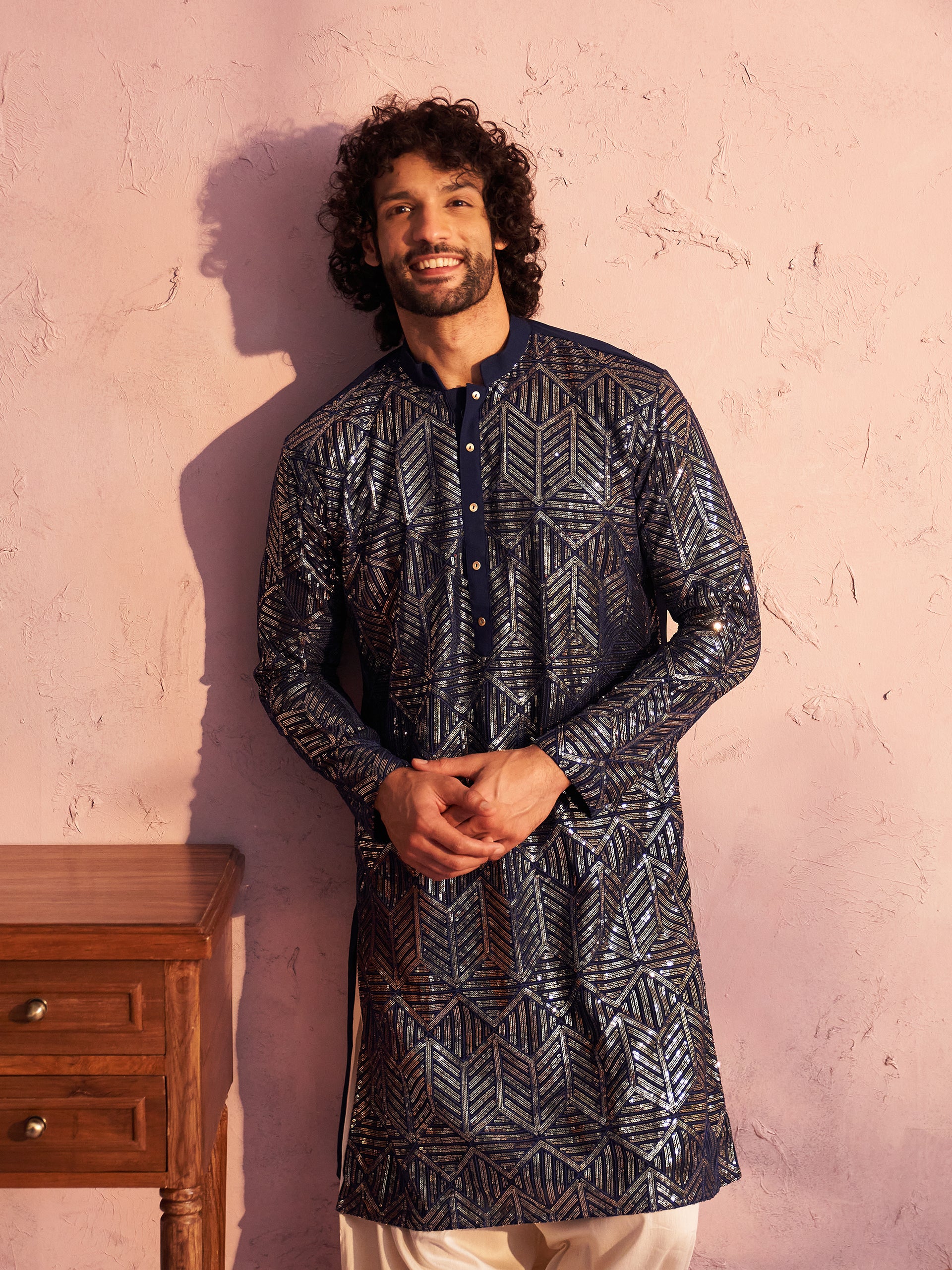 Men's Navy Blue Georgette Embellished Kurta