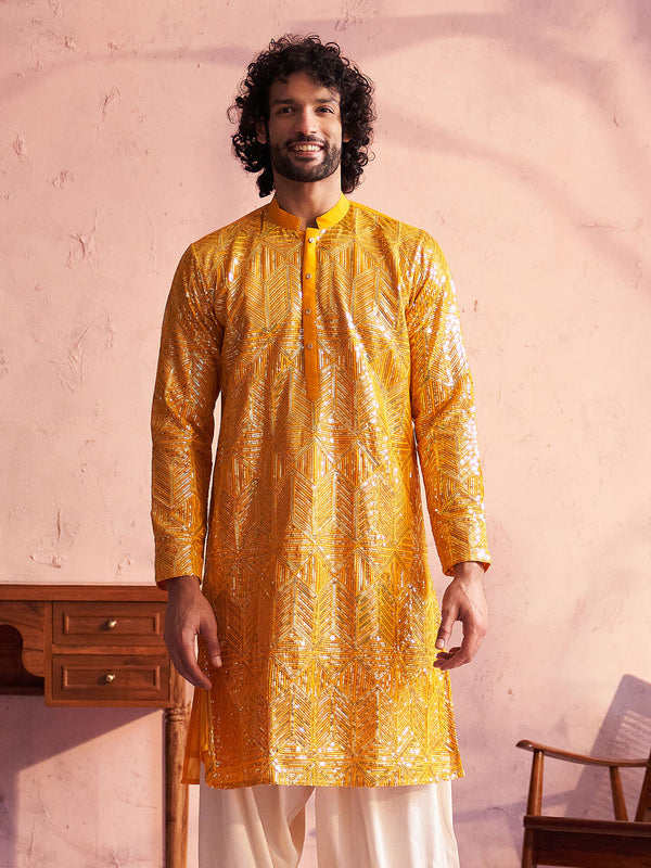 Men's Yellow Georgette Embellished Kurta