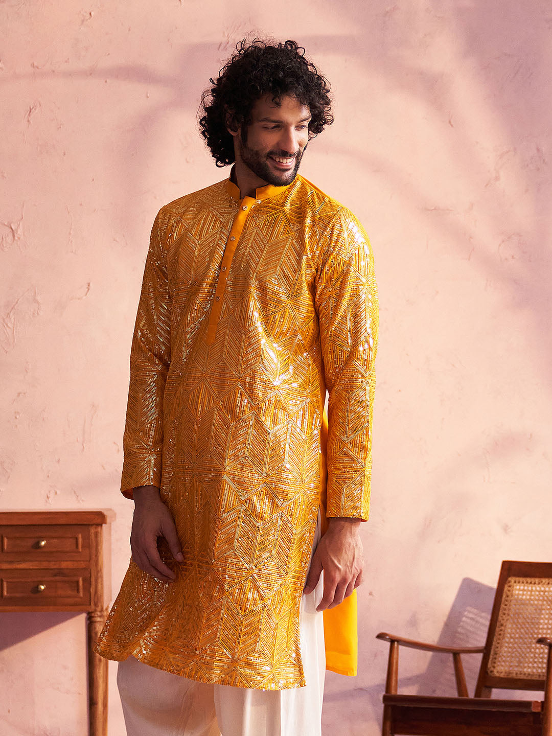Men's Yellow Georgette Embellished Kurta