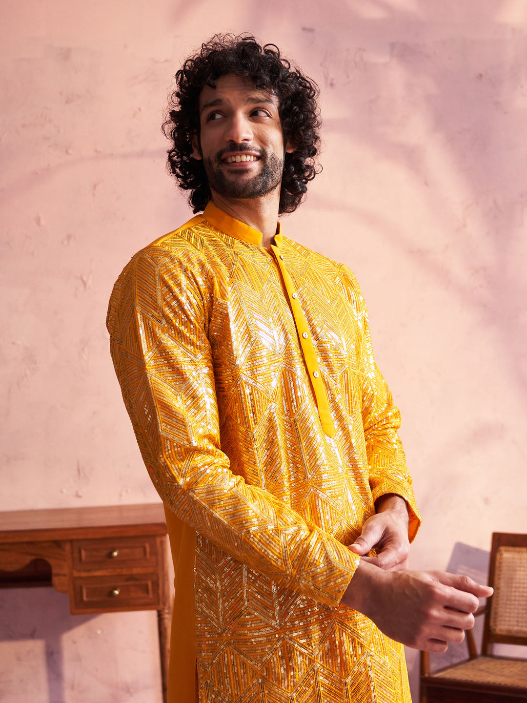 Men's Yellow Georgette Embellished Kurta
