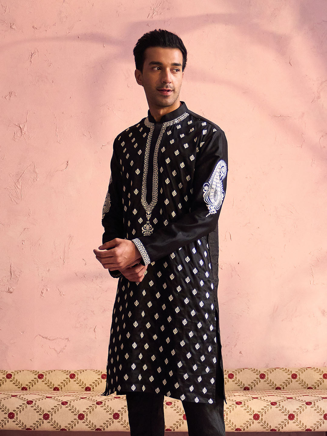 Men's Black Silk Blend Embroidered Ethnic Kurta