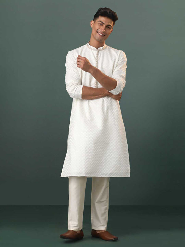 Men's White Embroidered Cotton Blend Kurta Pyjama Set