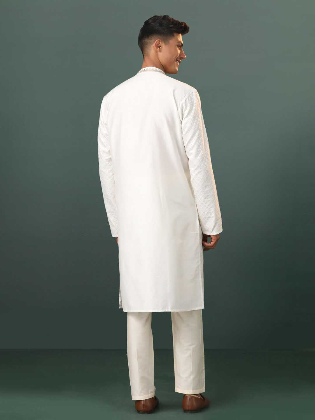 Men's Cream Embroidered Cotton Blend Kurta Pyjama Set