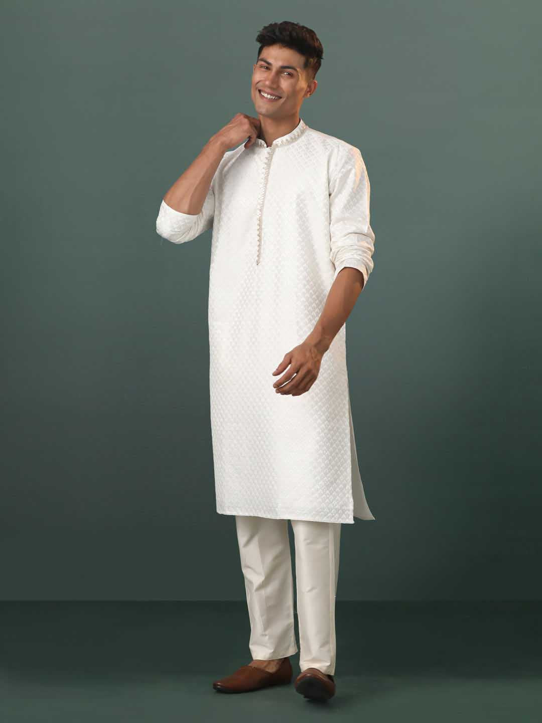 Men's Cream Embroidered Cotton Blend Kurta Pyjama Set