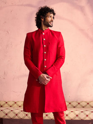 SHRESTHA BY VASTRAMAY Men's Red Silk Solid Sherwani Only Top