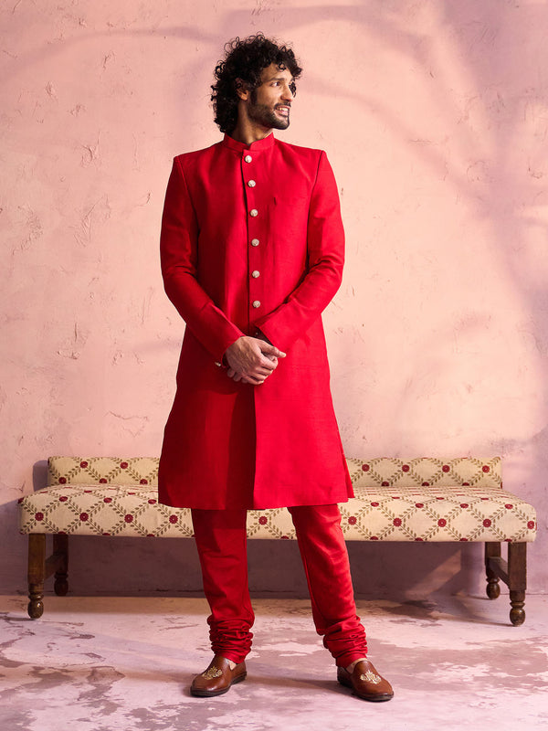 Men's Red Silk Solid Sherwani Set