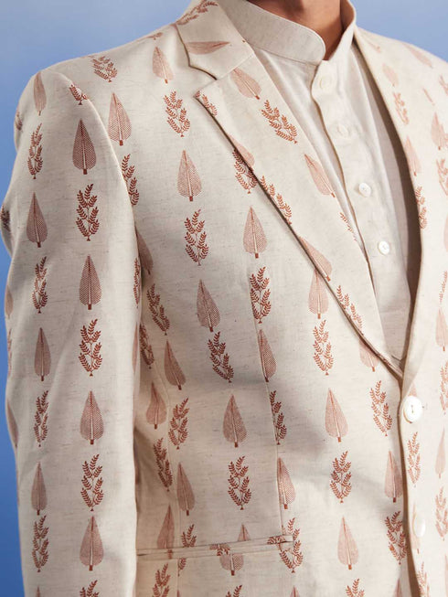 Men's Cream Leaf Printed Blazer