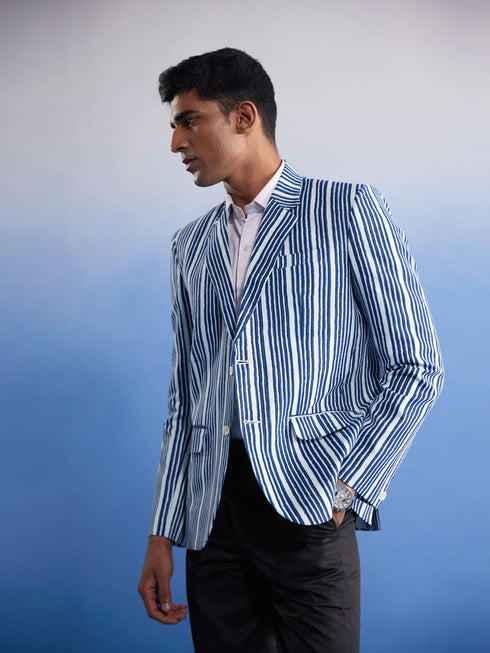 Men's Blue And White Striped Blazer