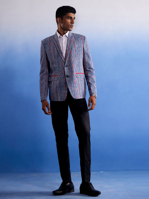 Men's Aqua And Red Ethnic Printed Cotton Blazer