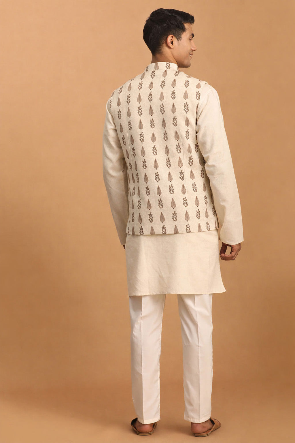 Men's Cream Leaf Printed Pure Cotton Nehru Jacket With Short Kurta And Pant Set