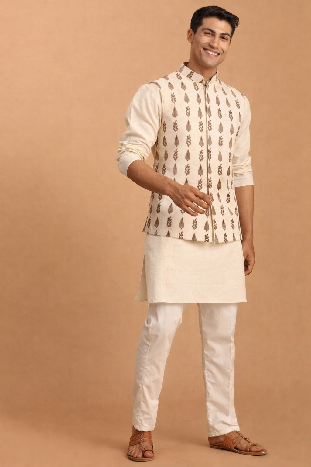 Men's Cream Leaf Printed Pure Cotton Nehru Jacket With Short Kurta And Pant Set