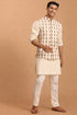 Men's Cream Leaf Printed Pure Cotton Nehru Jacket With Short Kurta And Pant Set