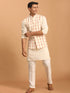 Men's Cream Leaf Printed Pure Cotton Nehru Jacket With Short Kurta And Pant Set