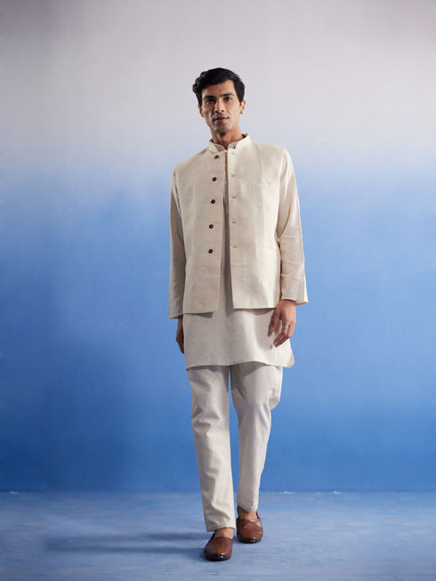 Men's Cream Pure Cotton Nehru Jacket With Short Kurta And Pant Set