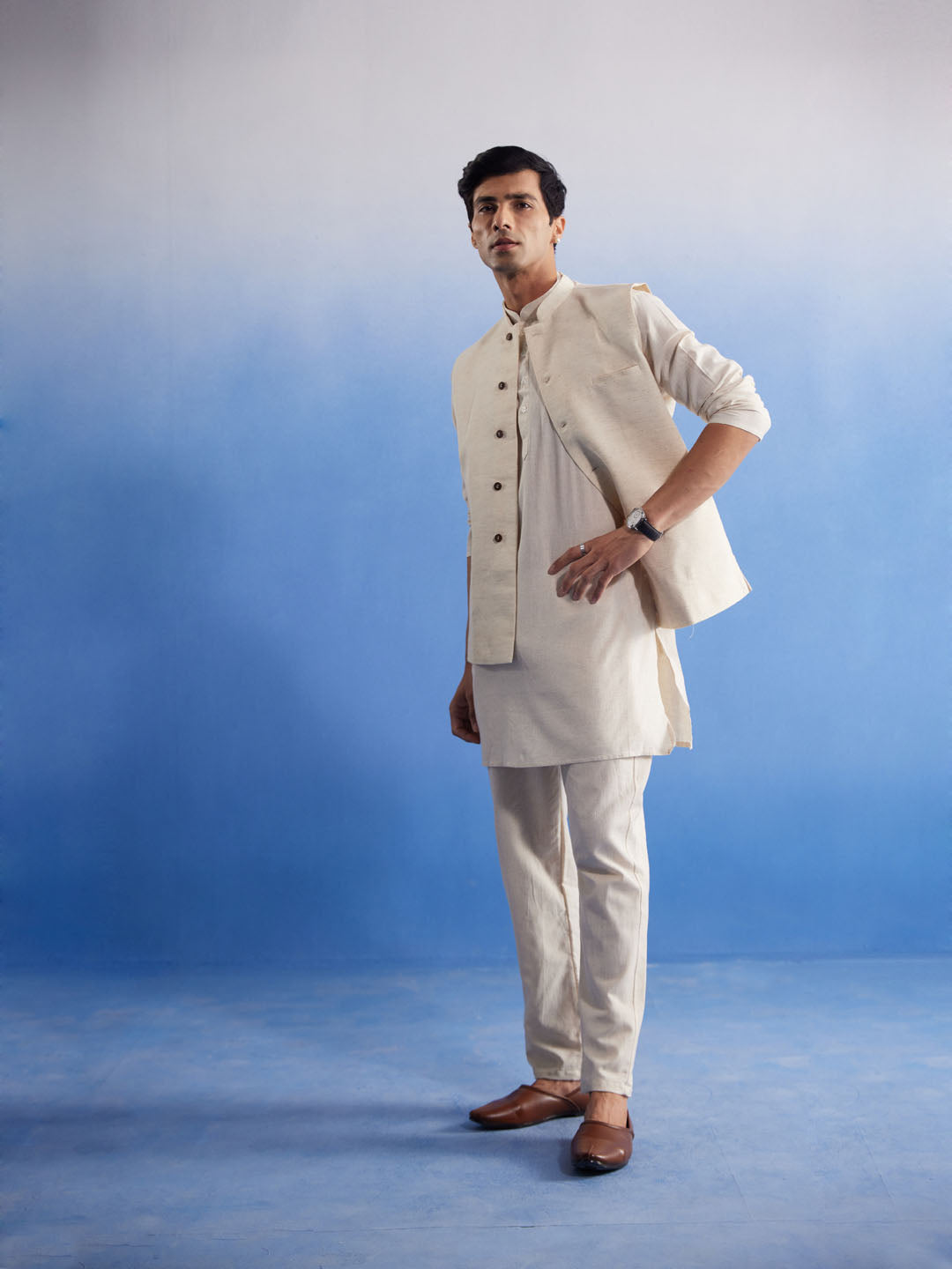 Men's Cream Pure Cotton Nehru Jacket With Short Kurta And Pant Set