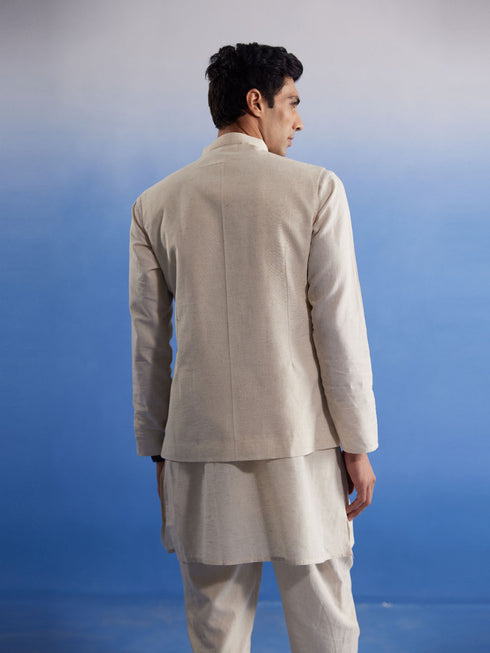 Men's Cream Pure Cotton Nehru Jacket With Short Kurta And Pant Set