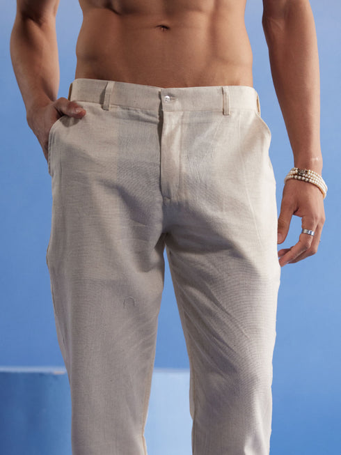 Men's Cream Pure Cotton Nehru Jacket With Short Kurta And Pant Set