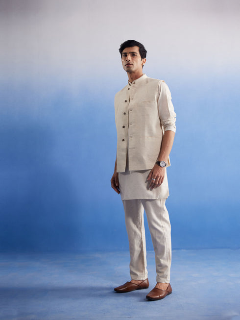 Men's Cream Pure Cotton Nehru Jacket With Short Kurta And Pant Set