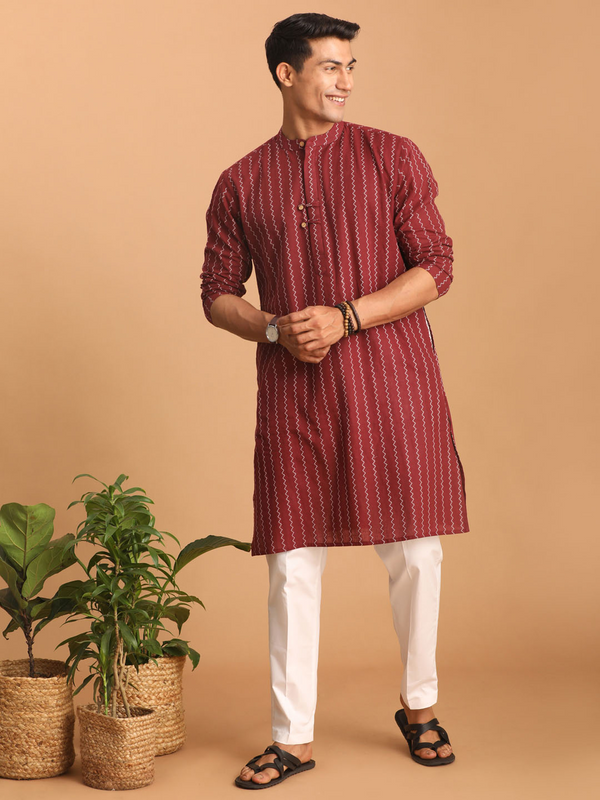 Men's Maroon Jacquard Zig Zag Cotton Kurta With Pant Set
