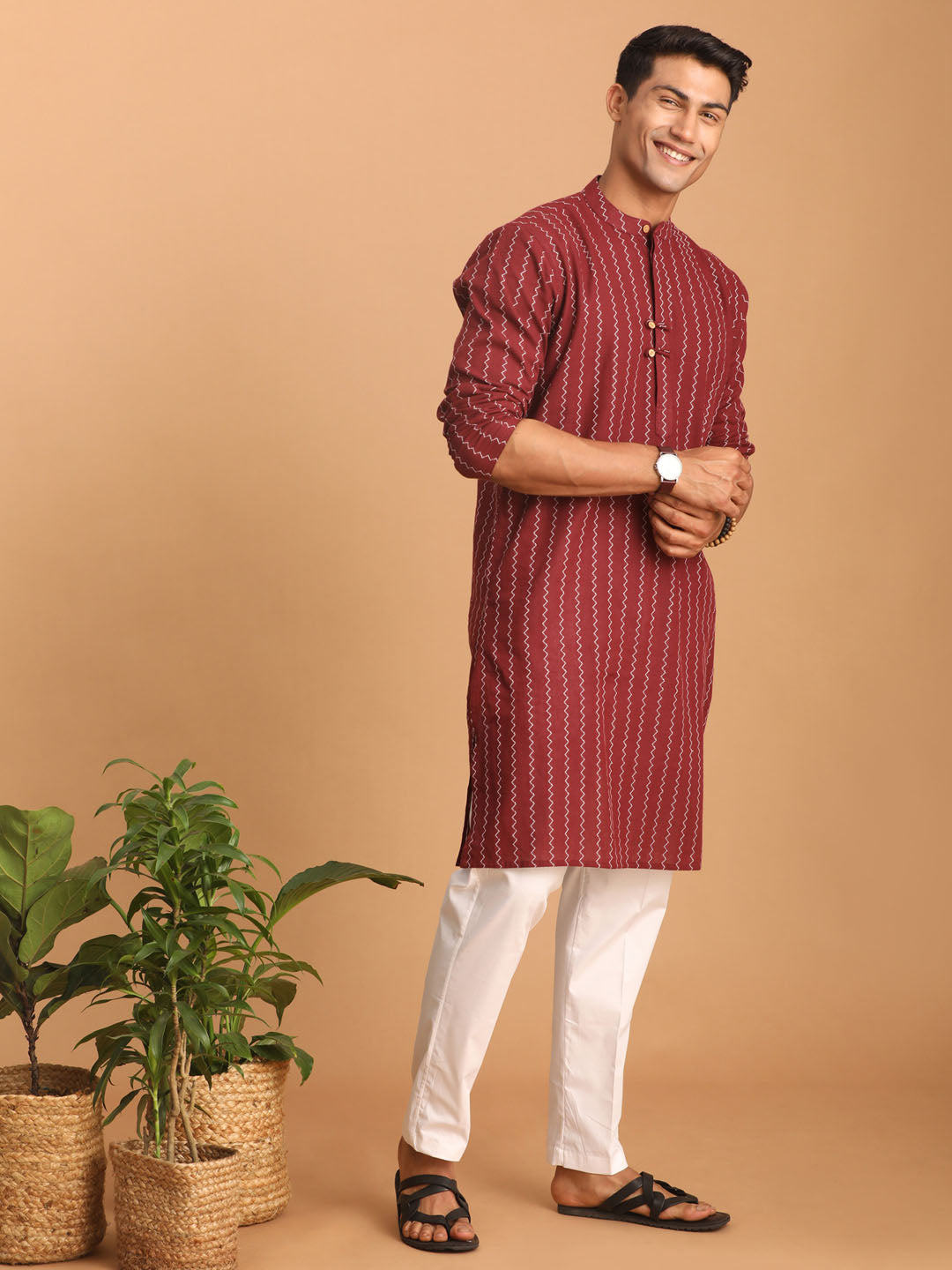 Men's Maroon Jacquard Zig Zag Cotton Kurta With Pant Set