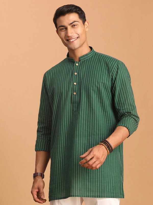 Men's Green Striped Cotton Short Kurta