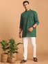 Men's Green Striped Cotton Short Kurta With White Pant