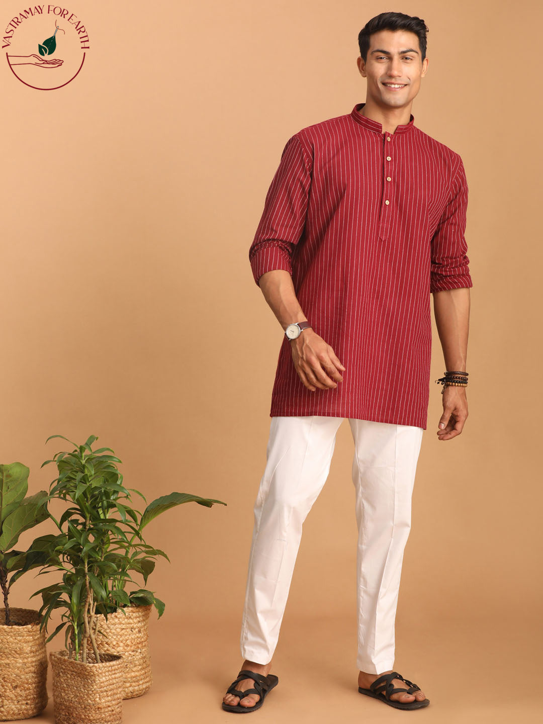 Men's Maroon Striped Cotton Short Kurta With White Pant Set