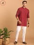 Men's Maroon Striped Cotton Short Kurta With White Pant Set
