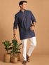 Men's Navy Blue Striped Cotton Short Kurta With White Pant Set