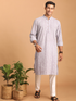 Men's Purple And White Batik Printed Kurta With White Pant Set