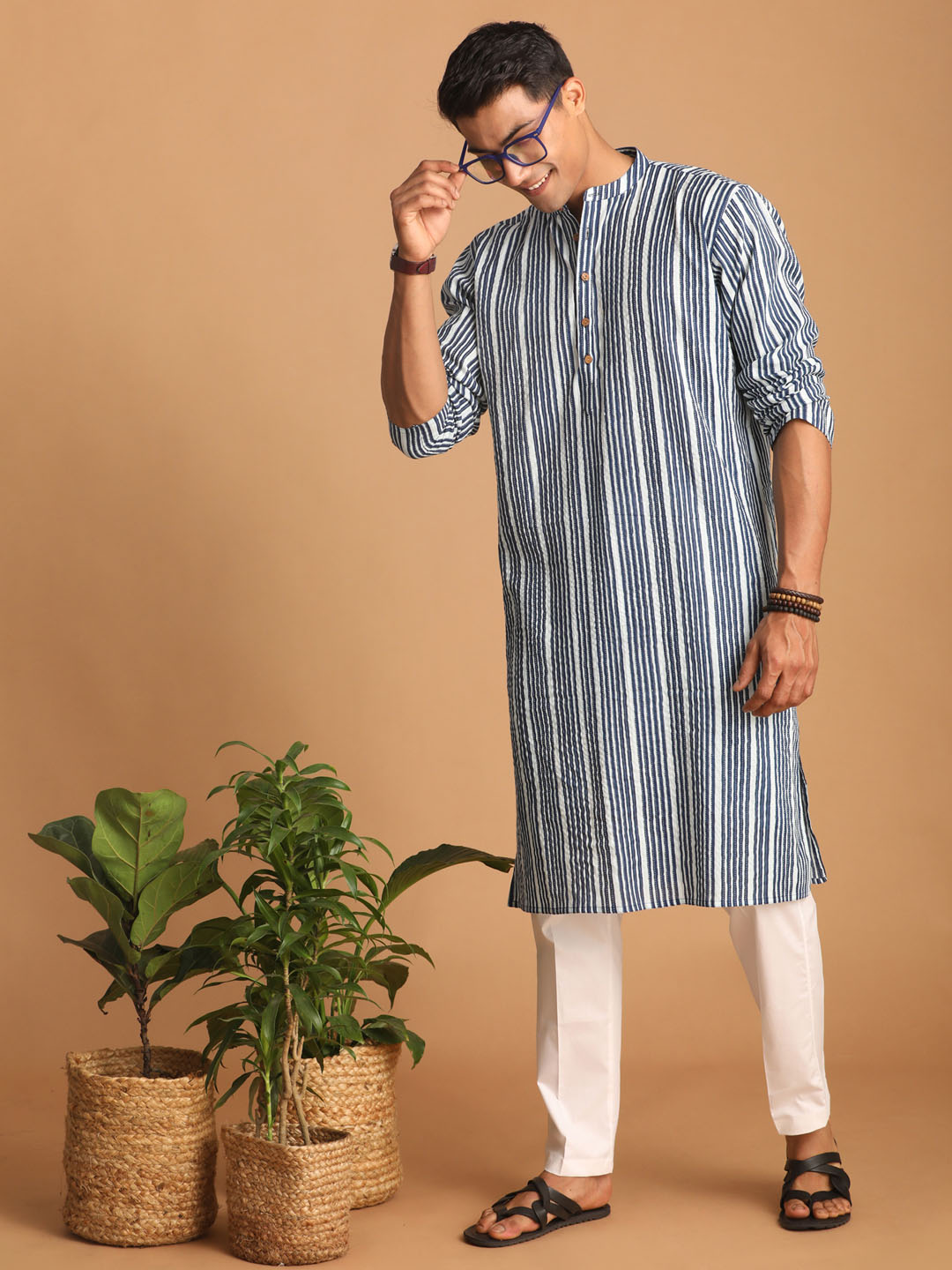 Men's Indigo Blue & White Cotton Kurta & Pyjama Set