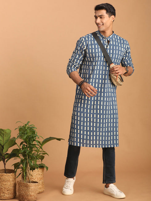 Men's Blue Rubber Print Cotton Kurta