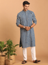 Men's Blue Rubber Print Cotton Kurta With White Pant Set