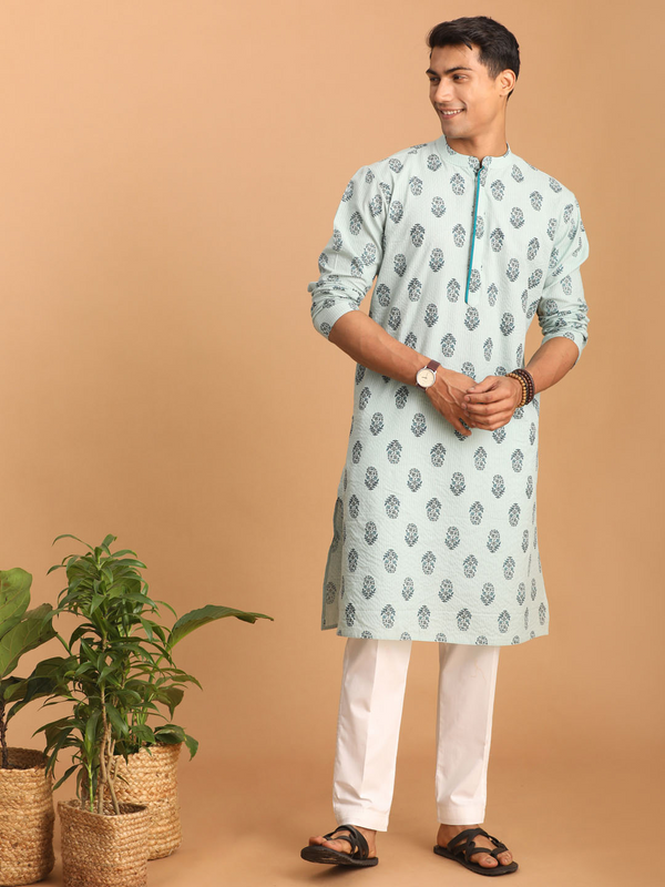 Men's Aqua & White Block Print Cotton Kurta & Pyjama Set