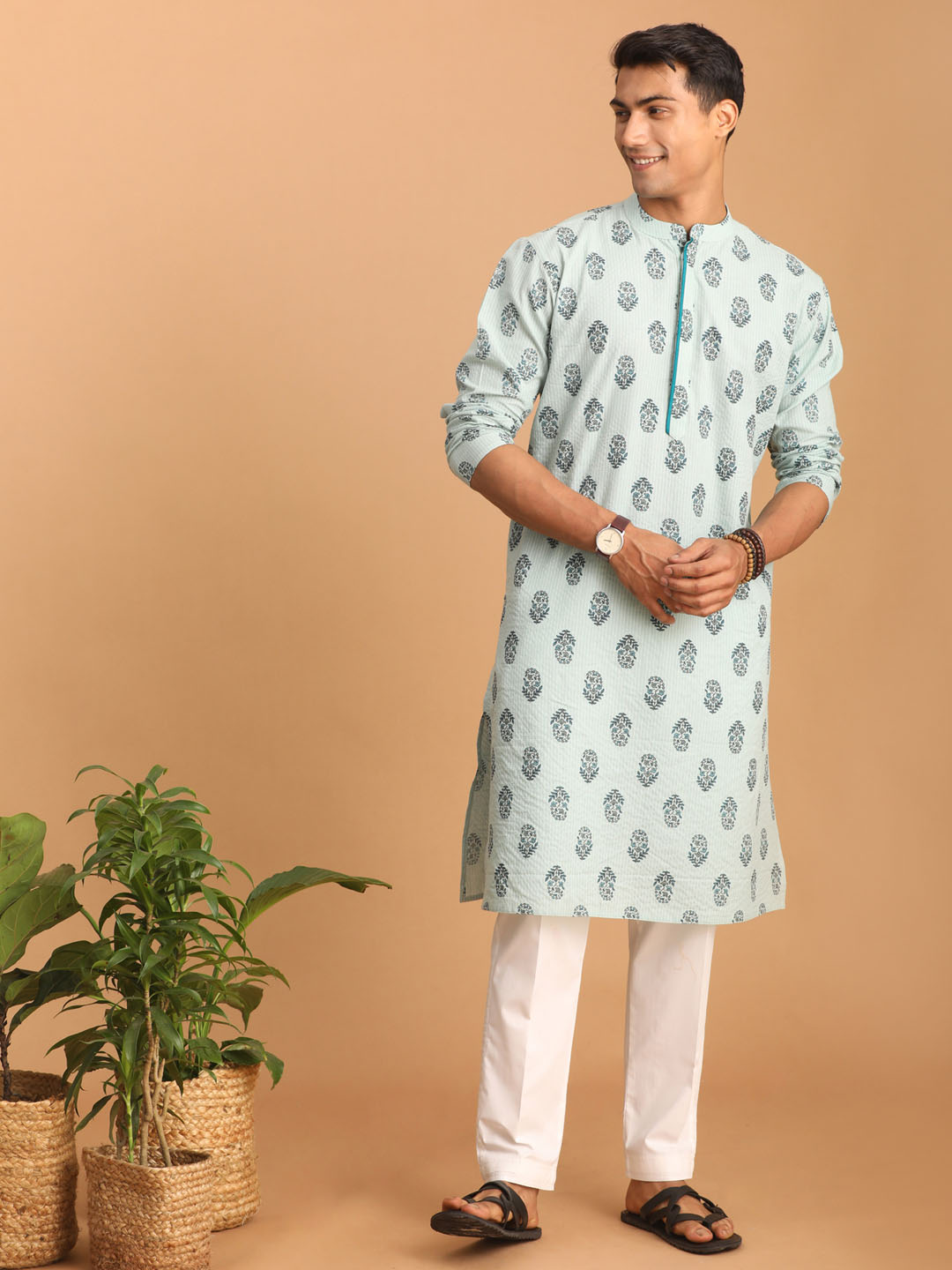 Men's Light Green Ethnic Motif Printed Kurta With White Pant Set