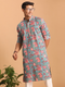 Men's Blue And Red Floral Printed Cotton Kurta