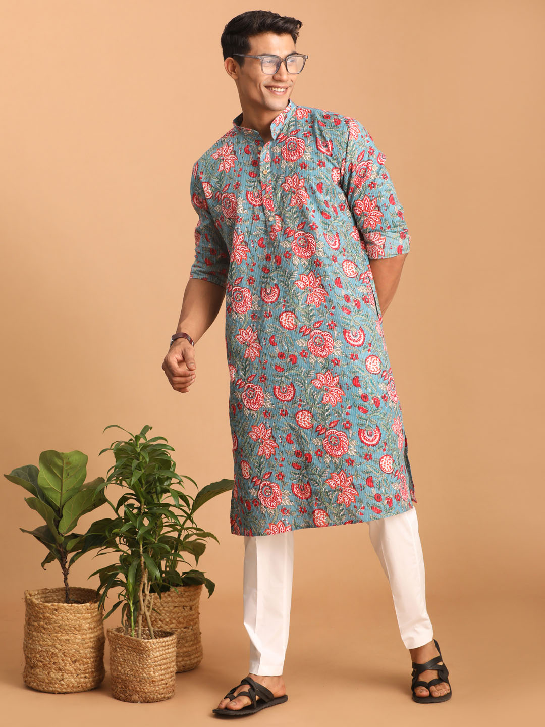 Men's Blue And Red Floral Printed Cotton Kurta With White Pant Set