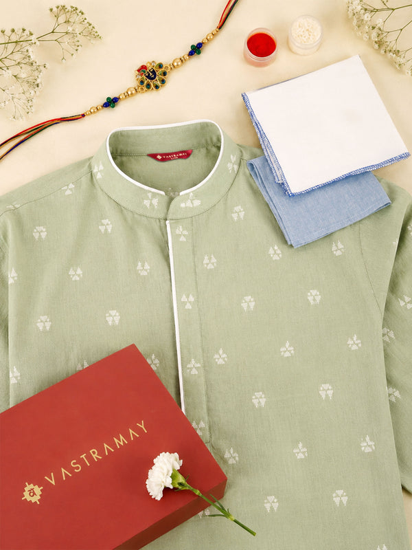 Men's Green Geometric Booti Jacquard Kurta Rakhi Gift Box for Brother | Includes Rakhi & Festive Essentials