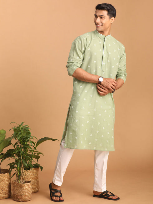 Men's Green Geometric Booti Jacquard Kurta With White Pant Set