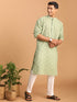 Men's Green Geometric Booti Jacquard Kurta With White Pant Set