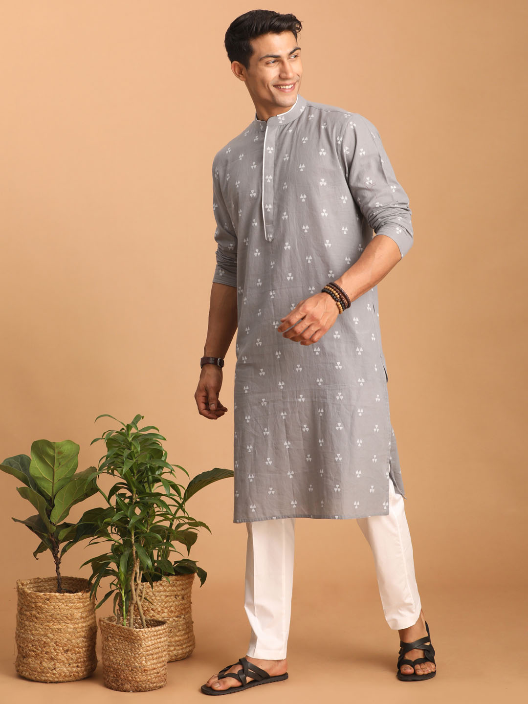 Men's Grey Geometric Booti Jacquard Kurta With White Pant Set