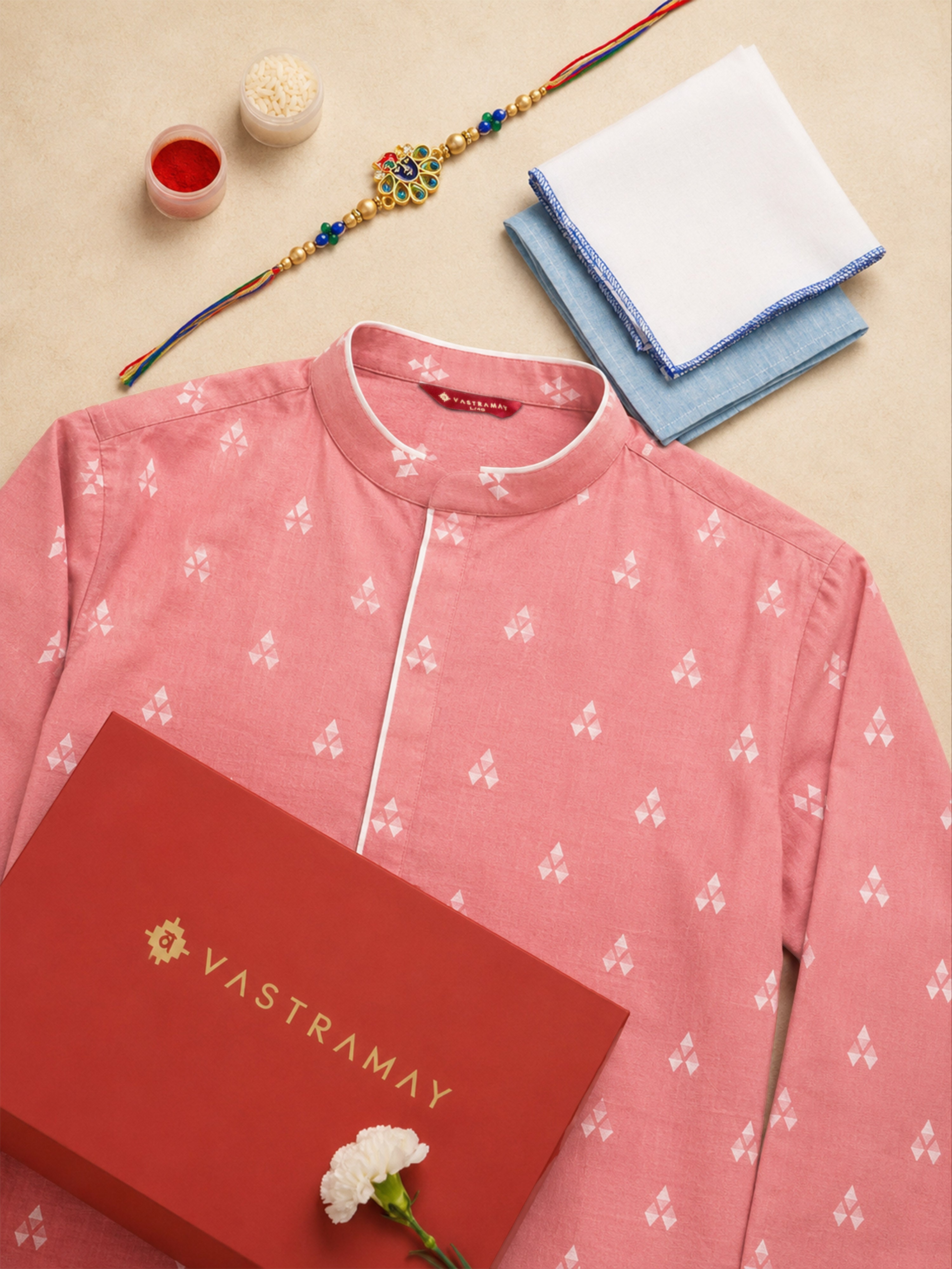 Men's Pink Geometric Booti Jacquard Kurta Rakhi Gift Box for Brother | Includes Rakhi & Premium Gift Box